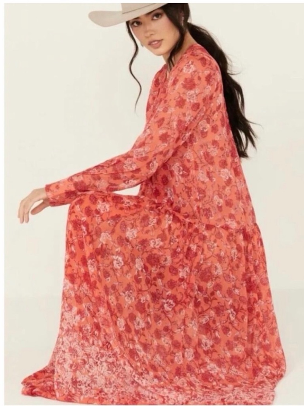 Free People Coral Floral Sheer Tiered Maxi Dress - Picture 11 of 16